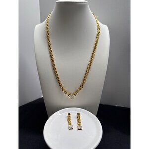 Gold Toned Chain Necklace & Earrings Set With Rhinestone Accents Elegant Jewelry